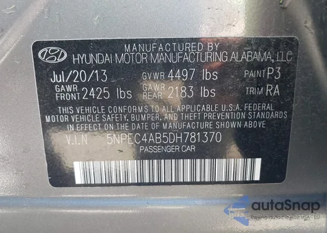 2013 Hyundai Sonata Se/Limited from USA, damaged, VIN 5NPEC4AB5DH781370